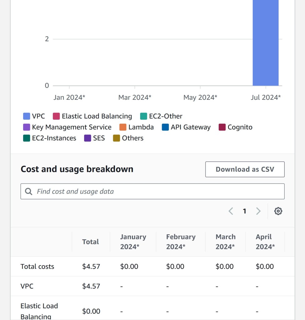 Cost breakdown showing VPC expenses.